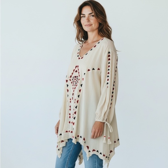 Free People Tops - Free People Bohemian Bead Embroidered Cream Tunic Top